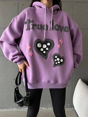 3 iplik şardonlu oversize compact true baskılı sweat mor