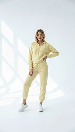 3 iplik şardonlu Kapşonlu fermuarlı kısa üst sarı pat8590