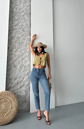 Mom fit bıyık kar yıkama jeans pantolon koyu mavi d2006