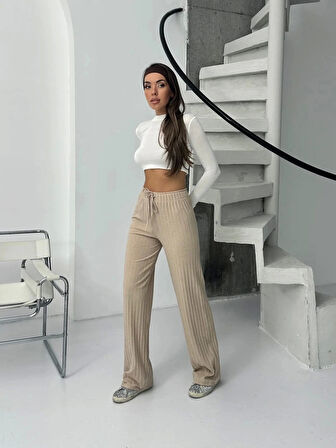 Fitilli şardonlu pantolon bej a4058