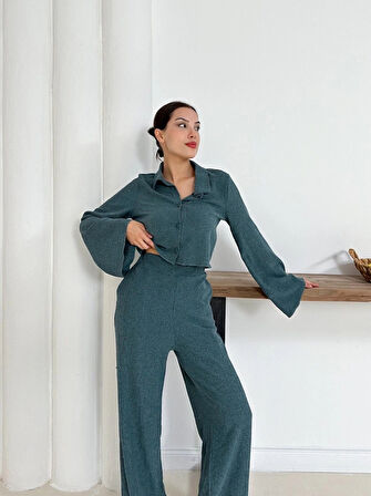 Gömlek yaka kaplama düğmeli takım petrol yeşili st265866