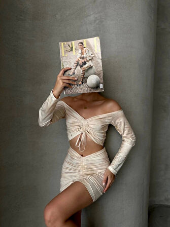 Büzgülü etek bluz takım bej s24709