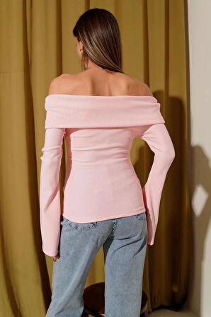 Omzu Açık Fermuarlı Bluz pembe T4330