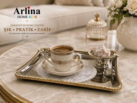 Premium Gümüş Tepsi Gold Detay Metal Sunum Seti