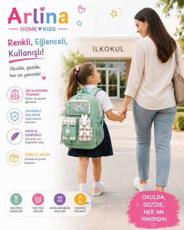 Kore Model Tavşan Aksesuarlı Su Geçirmez Kız Çocuk Çantası Yeşil