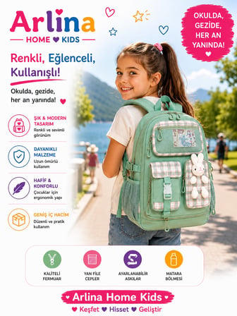 Kore Model Tavşan Aksesuarlı Su Geçirmez Kız Çocuk Çantası Yeşil