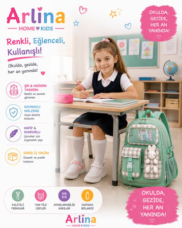 Kore Model Tavşan Aksesuarlı Su Geçirmez Kız Çocuk Çantası Yeşil