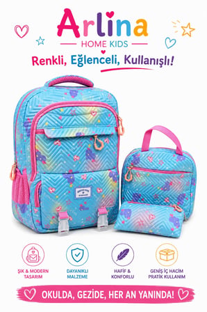 Kore Model 3 Lü Set Su Geçirmez Kız Çocuk Çantası Mavi-Pembe Çanta-Beslenme-Kalemlik Seti