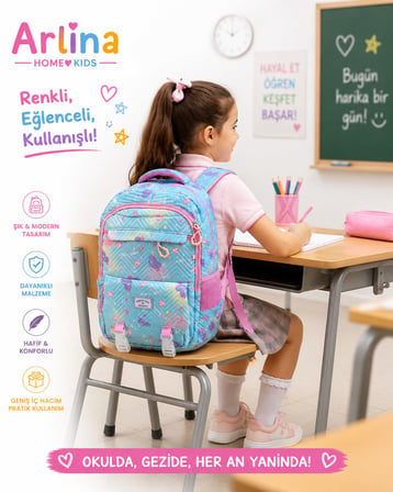 Kore Model 3 Lü Set Su Geçirmez Kız Çocuk Çantası Mavi-Pembe Çanta-Beslenme-Kalemlik Seti