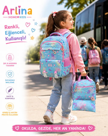 Kore Model 3 Lü Set Su Geçirmez Kız Çocuk Çantası Mavi-Pembe Çanta-Beslenme-Kalemlik Seti