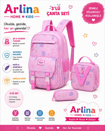 Kore Model 3 Lü Set Su Geçirmez Kız Çocuk Çantası Pembe Çanta-Beslenme-Kalemlik Seti