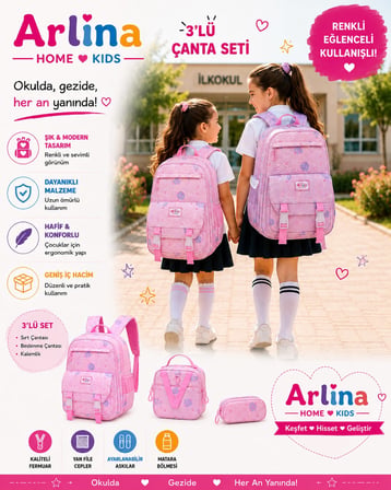 Kore Model 3 Lü Set Su Geçirmez Kız Çocuk Çantası Pembe Çanta-Beslenme-Kalemlik Seti