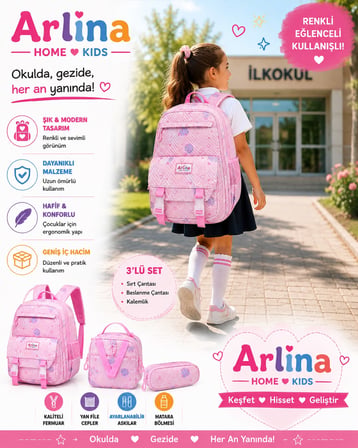 Kore Model 3 Lü Set Su Geçirmez Kız Çocuk Çantası Pembe Çanta-Beslenme-Kalemlik Seti