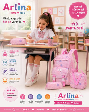Kore Model 3 Lü Set Su Geçirmez Kız Çocuk Çantası Pembe Çanta-Beslenme-Kalemlik Seti