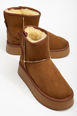  Mini Cırtcırtlı Taba Süet Yarım Bot içi Tüylü Düz Taban Kadın Ayakkabı   