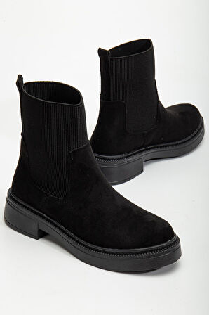 Kadın Kalın Taban Siyah Süet Elastik Yan Bantlı Günlük Bot 