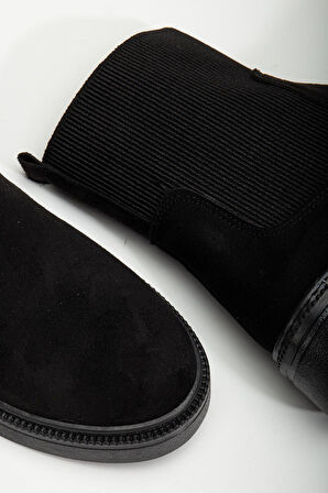 Kadın Kalın Taban Siyah Süet Elastik Yan Bantlı Günlük Bot 