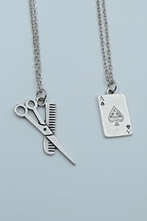 2'li Berber Makas Tarak Maça As Poker Gümüş Kaplama Kolye Seti