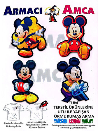 ÜTÜ İLE YAPIŞAN 4 ADET ÖRME KUMAŞ ARMA YIRTIK KAPATICI PRATİK YAMA TEKSTİL PATCH MiCKEY MOUSE