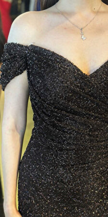 Kahverengi Madonna Yaka Düz Kesim Pullu Boncuklu Uzun Abiye Elbise 11023