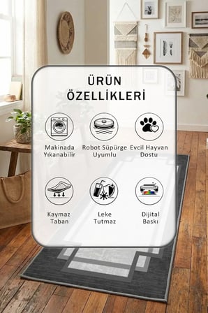 Yıkanabilir Kaymaz Antrasit Dijital Baskılı Yolluk Halı Tüy Tutmaz Antrasit