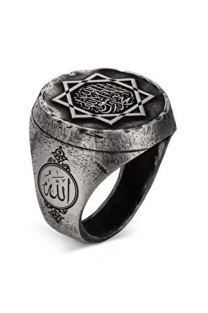 Büyük Selçuklu Sekiz Köşeli Yıldız Kelime-i Tevhid Eskitme Gümüş Erkek Yüzük