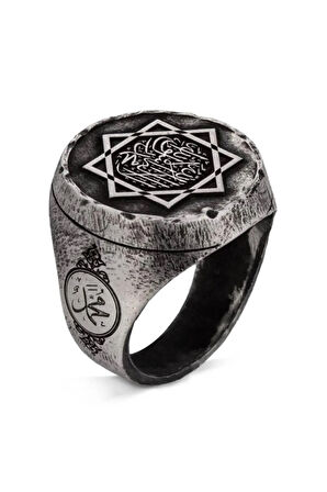 Büyük Selçuklu Sekiz Köşeli Yıldız Kelime-i Tevhid Eskitme Gümüş Erkek Yüzük