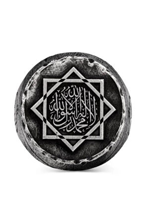 Büyük Selçuklu Sekiz Köşeli Yıldız Kelime-i Tevhid Eskitme Gümüş Erkek Yüzük