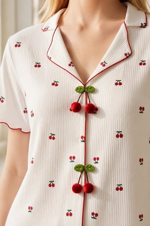 Kadın Kiraz Düğmeli Desenli Pijama Takımı Beyaz Yazlık Kısa Kollu Fitilli Model