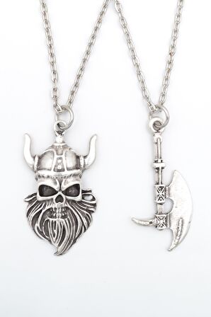 2'li Viking Sakallı Kuru Kafa - Balta Erkek Kadın Kolye Seti 925 Ayar Gümüş Kaplama