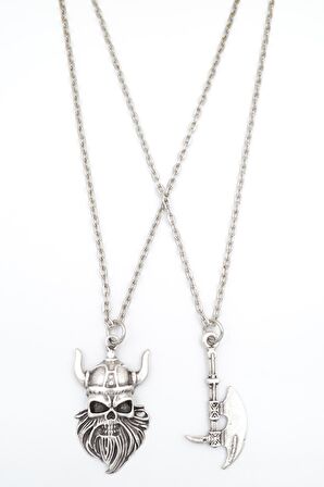 2'li Viking Sakallı Kuru Kafa - Balta Erkek Kadın Kolye Seti 925 Ayar Gümüş Kaplama