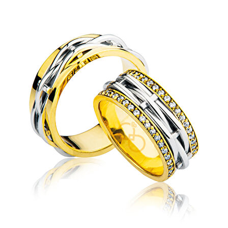 Sarı Beyaz Taşlı Altın Alyans 1103