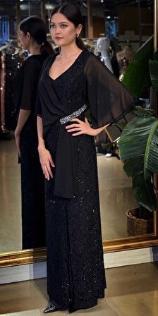 Siyah V Yaka Kısa Kollu Taş Detaylı  Düz Kesim Likralı Simli Uzun Abiye Elbise 11035-01