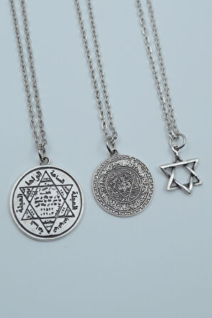 3'lü Hz. Süleyman Mührü Gümüş Kaplama Kolye Seti