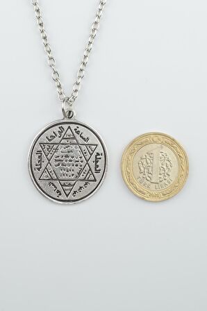 Hz. Süleyman Mühür Erkek Kadın Kolye Antik Gümüş Kaplama - 60 cm Düz Zincir