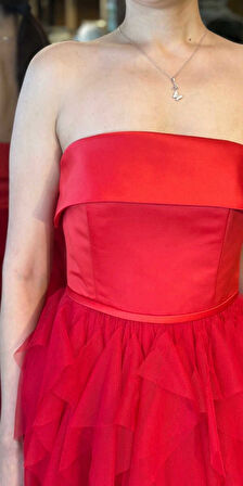 Kırmızı Straplez Yaka Kloş Etekli Tül Uzun Abiye Elbise 11040