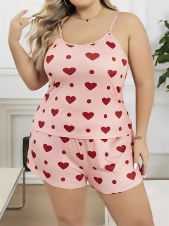 Büyük Beden Pembe Kalp Desen Pamuklu Şortlu Pijama Takımı