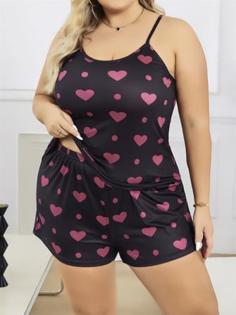Büyük Beden Siyah Kalp Desen İnce Askılı Pamuklu Şortlu Pijama Takımı