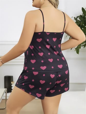 Büyük Beden Siyah Kalp Desen İnce Askılı Pamuklu Şortlu Pijama Takımı