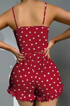 Pamuklu Kırmızı Üstüne Beyaz Kalp Desen Fitilli Askılı Şortlu Pijama Takımı