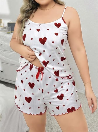 Büyük Beden Kalp Desen Pamuklu Şortlu Pijama Takımı