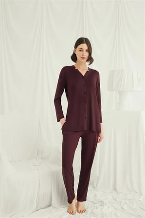 Uzun Kollu Boydan Düğmeli V Yaka Pijama Takımı