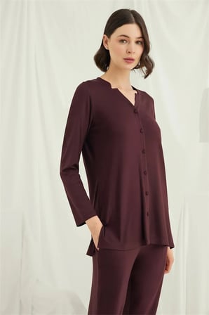 Uzun Kollu Boydan Düğmeli V Yaka Pijama Takımı