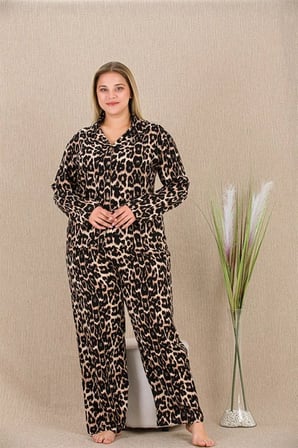Büyük Beden Leopar Desenli Düğmeli Uzun Kol Viskon Pijama Takımı