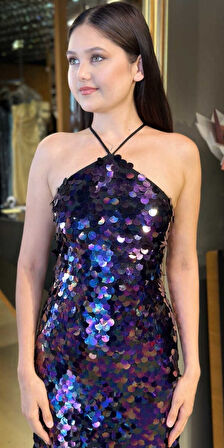 Damson Stefanel Yaka Sırt Dekolteli Yırtmaçlı Düz Kesim Payet Midi Abiye Elbise 11042