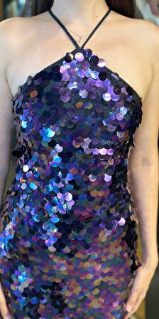 Damson Stefanel Yaka Sırt Dekolteli Yırtmaçlı Düz Kesim Payet Midi Abiye Elbise 11042