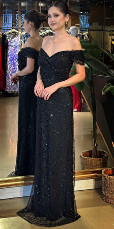 Mat Siyah Sırt Dekolteli Düz Kesim Pullu Boncuklu Uzun Abiye Elbise 11044