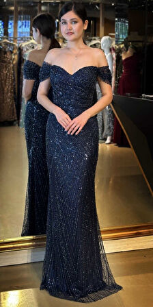 Lacivert Sırt Dekolteli  Düz Kesim Pullu Boncuklu Uzun Abiye Elbise 11044