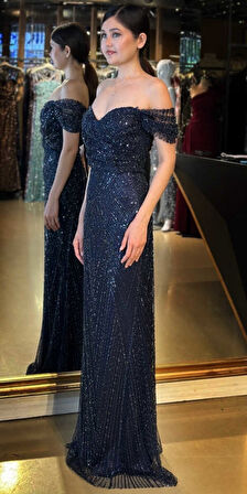 Lacivert Sırt Dekolteli  Düz Kesim Pullu Boncuklu Uzun Abiye Elbise 11044