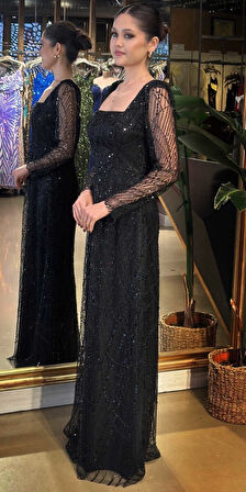 Siyah Kare Yaka Uzun Kollu Kloş Etekli Pullu Boncuklu Uzun Abiye Elbise 11047-05